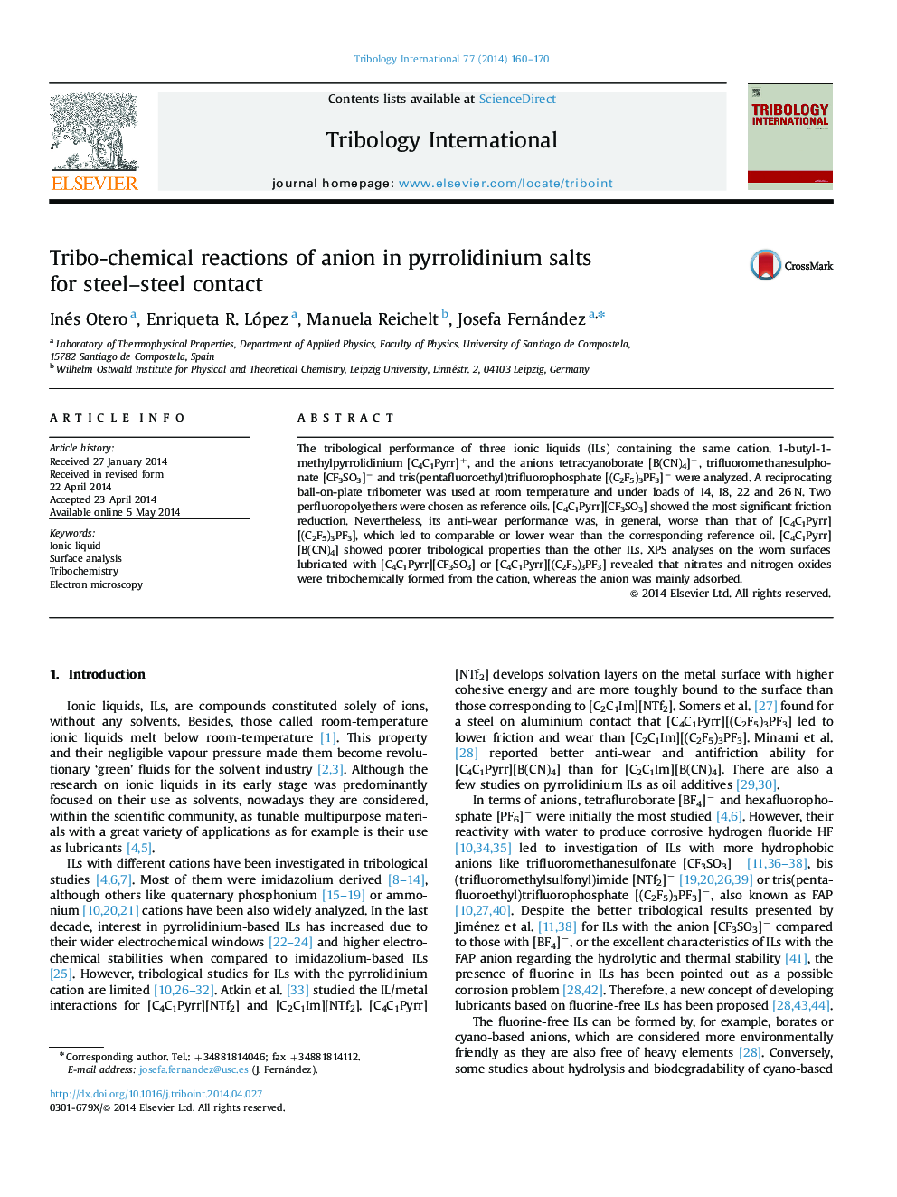 Tribo-chemical reactions of anion in pyrrolidinium salts for steel-steel contact