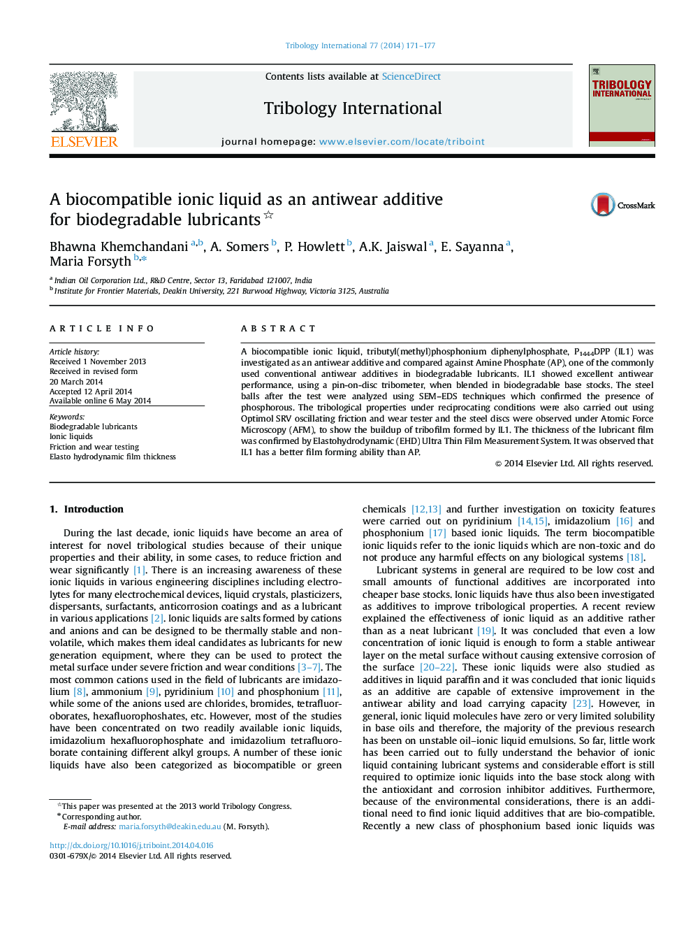 A biocompatible ionic liquid as an antiwear additive for biodegradable lubricants