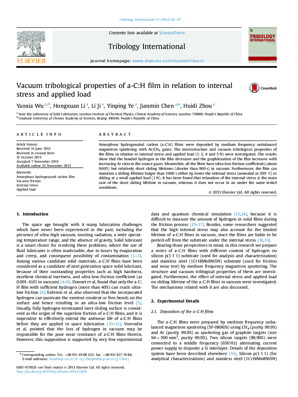 Vacuum tribological properties of a-C:H film in relation to internal stress and applied load