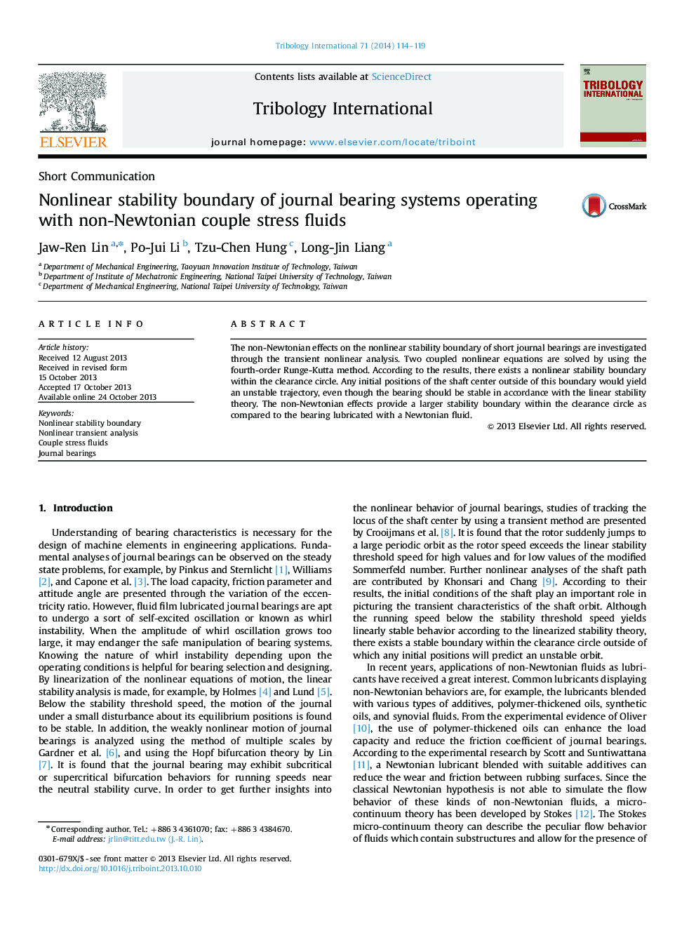 Nonlinear stability boundary of journal bearing systems operating with non-Newtonian couple stress fluids