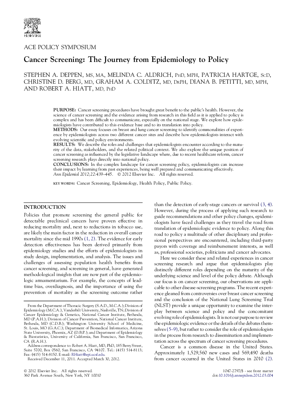 Cancer Screening: The Journey from Epidemiology to Policy