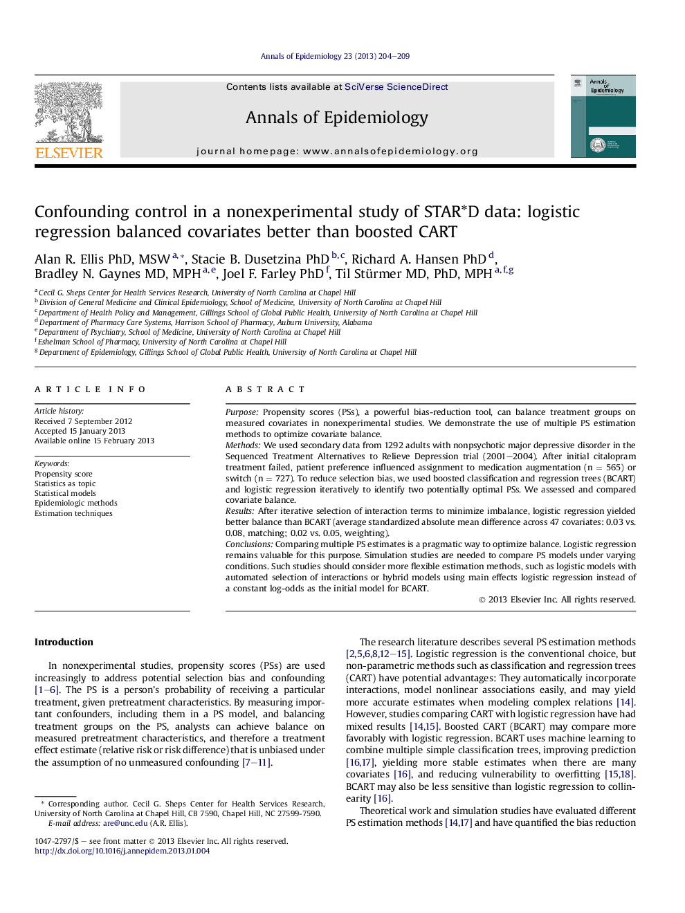 Confounding control in a nonexperimental study of STAR*D data: logistic regression balanced covariates better than boosted CART