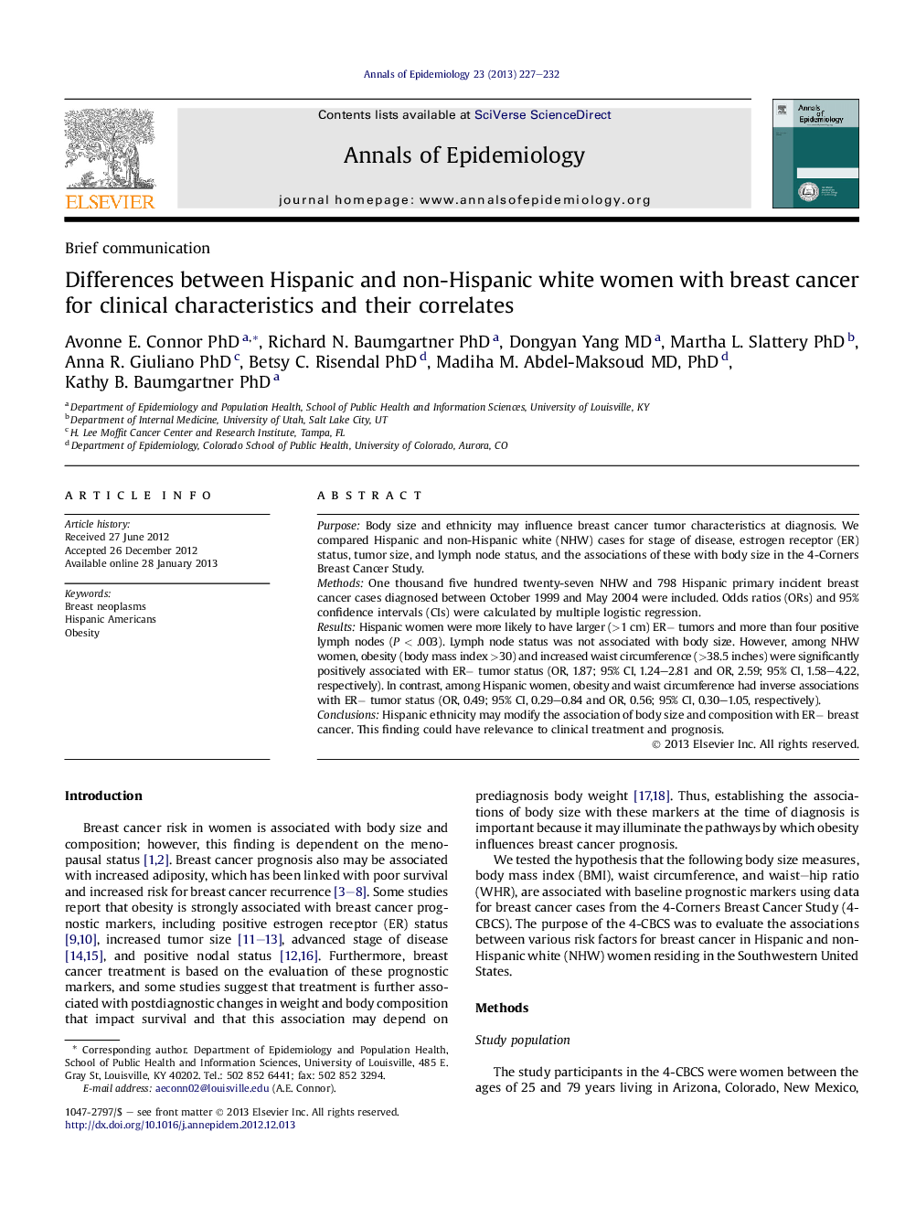 Differences between Hispanic and non-Hispanic white women with breast cancer for clinical characteristics and their correlates