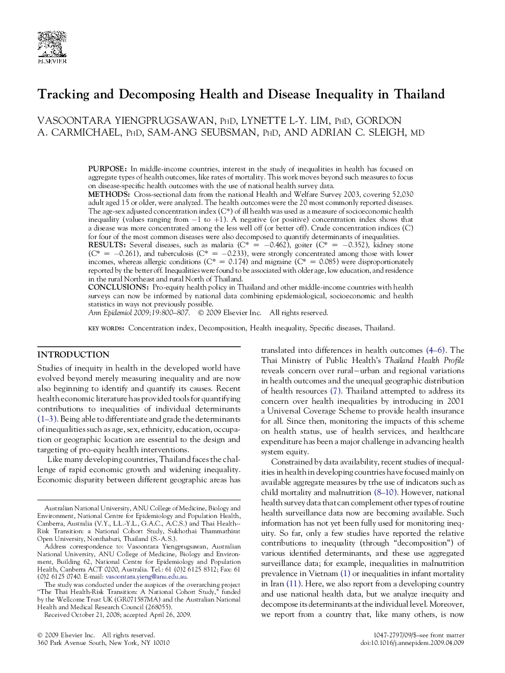 Tracking and Decomposing Health and Disease Inequality in Thailand