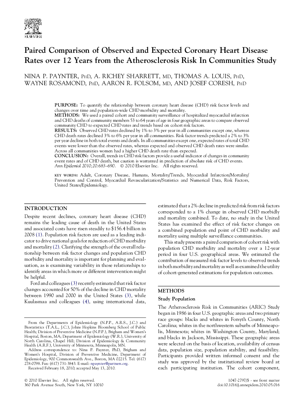 Paired Comparison of Observed and Expected Coronary Heart Disease Rates over 12 Years from the Atherosclerosis Risk In Communities Study