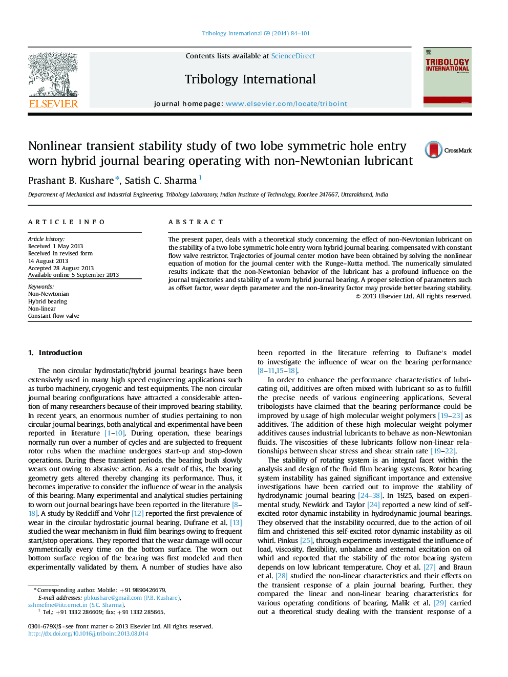 Nonlinear transient stability study of two lobe symmetric hole entry worn hybrid journal bearing operating with non-Newtonian lubricant