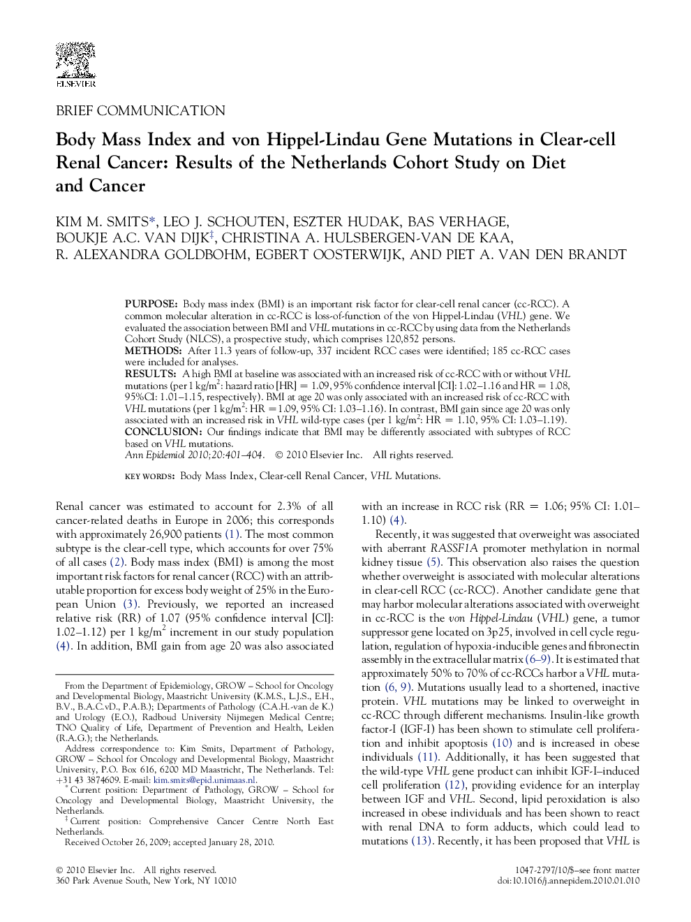 Body Mass Index and von Hippel-Lindau Gene Mutations in Clear-cell Renal Cancer: Results of the Netherlands Cohort Study on Diet and Cancer