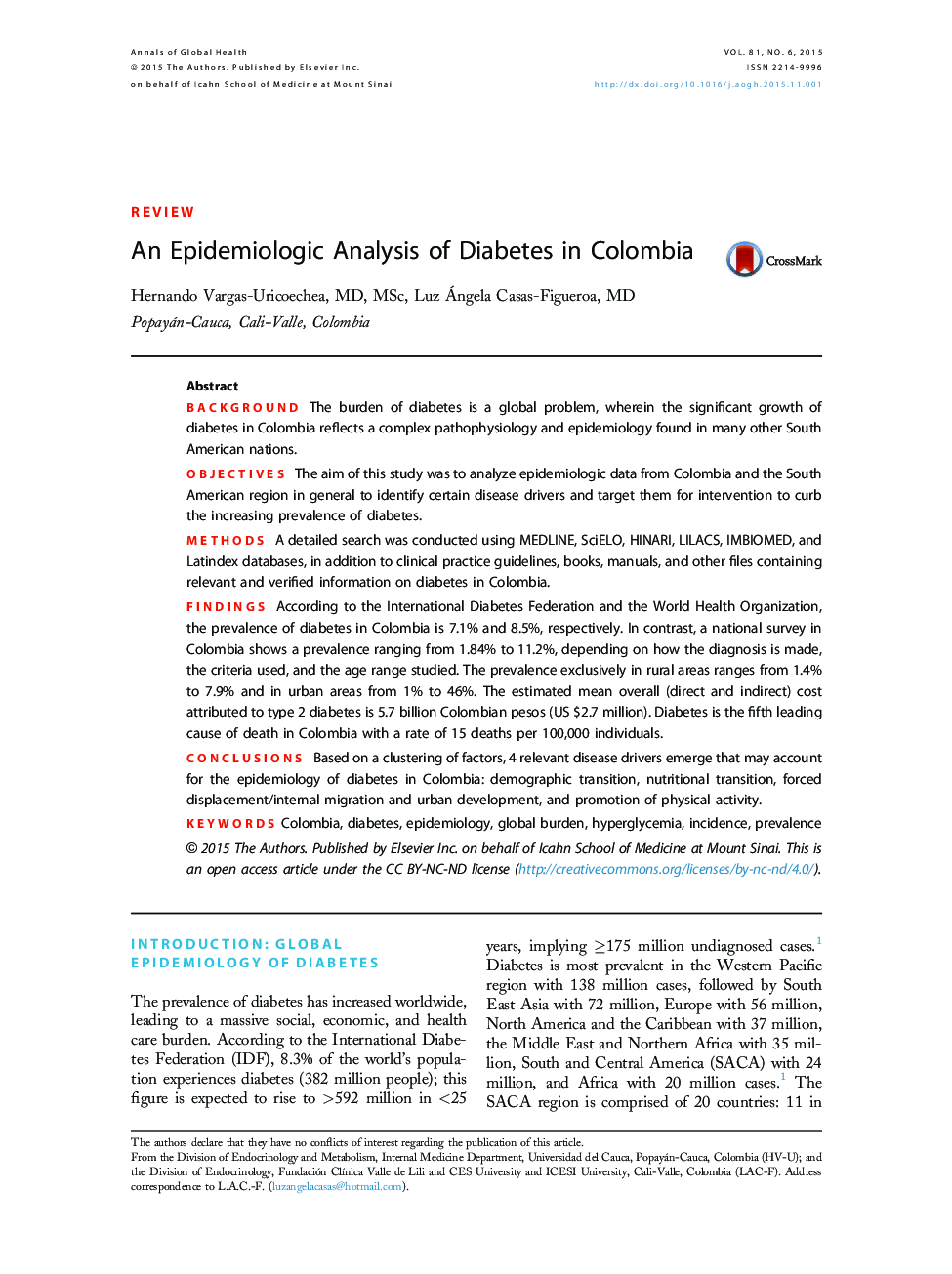 یک بررسی اپیدمیولوژیک دیابت در کلمبیا 