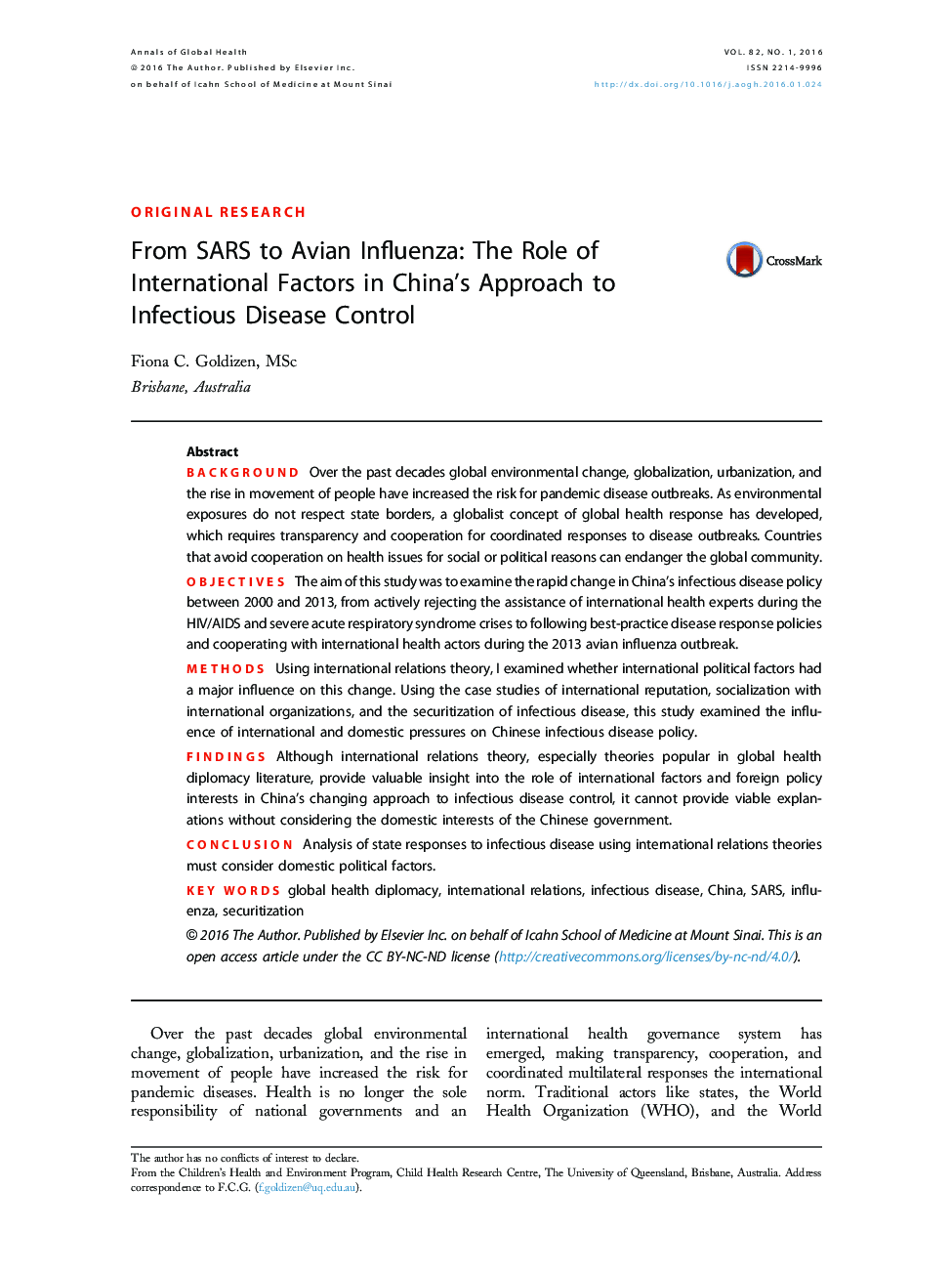 From SARS to Avian Influenza: The Role of International Factors in China's Approach to Infectious Disease Control