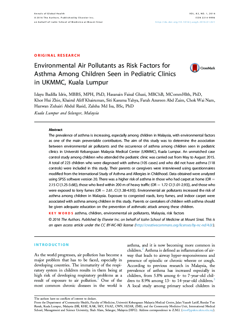 Environmental Air Pollutants as Risk Factors for Asthma Among Children Seen in Pediatric Clinics in UKMMC, Kuala Lumpur