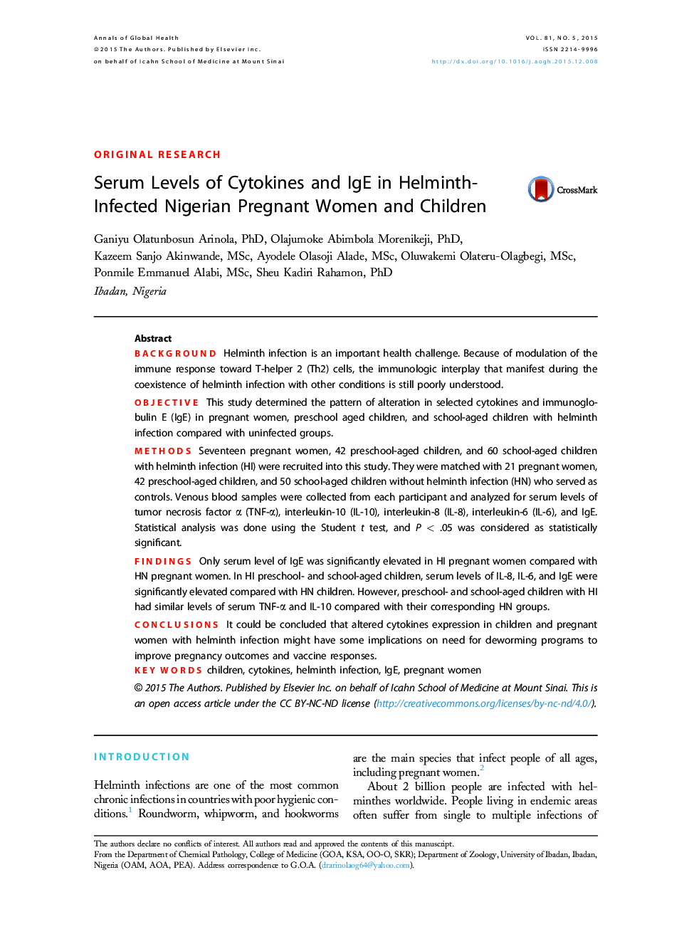 Serum Levels of Cytokines and IgE in Helminth-Infected Nigerian Pregnant Women and Children