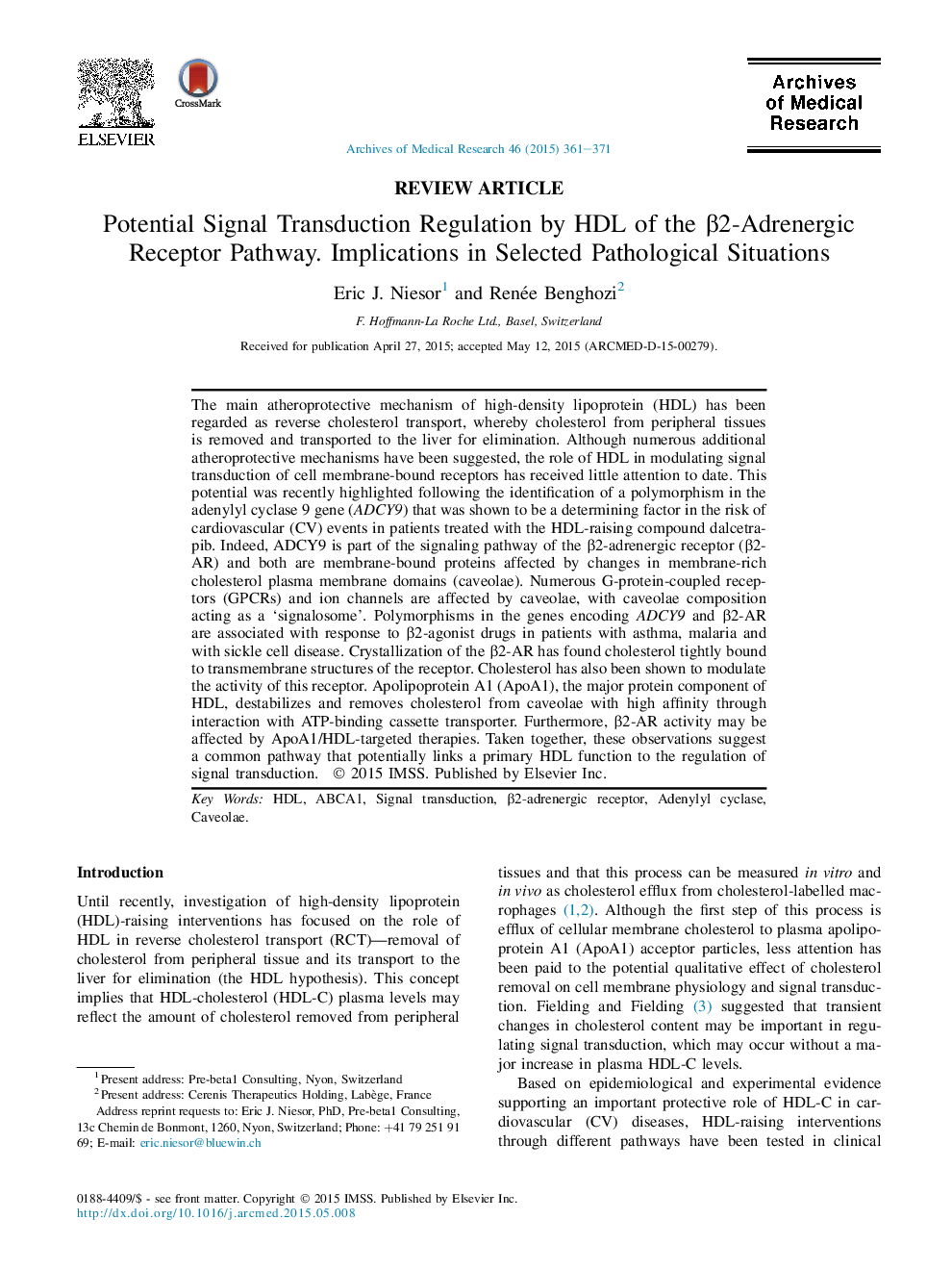 Potential Signal Transduction Regulation by HDL of the Î²2-Adrenergic Receptor Pathway. Implications in Selected Pathological Situations