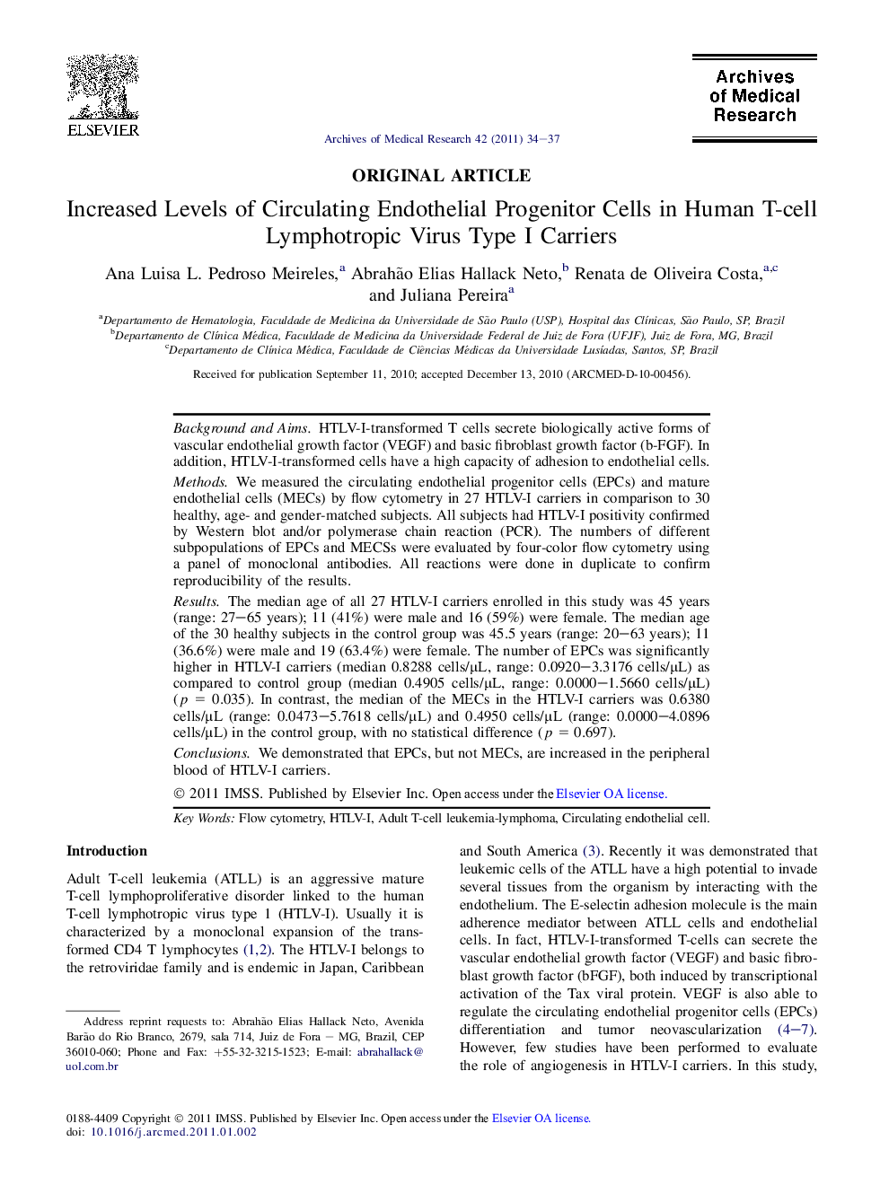 Increased Levels of Circulating Endothelial Progenitor Cells in Human T-cell Lymphotropic Virus Type I Carriers