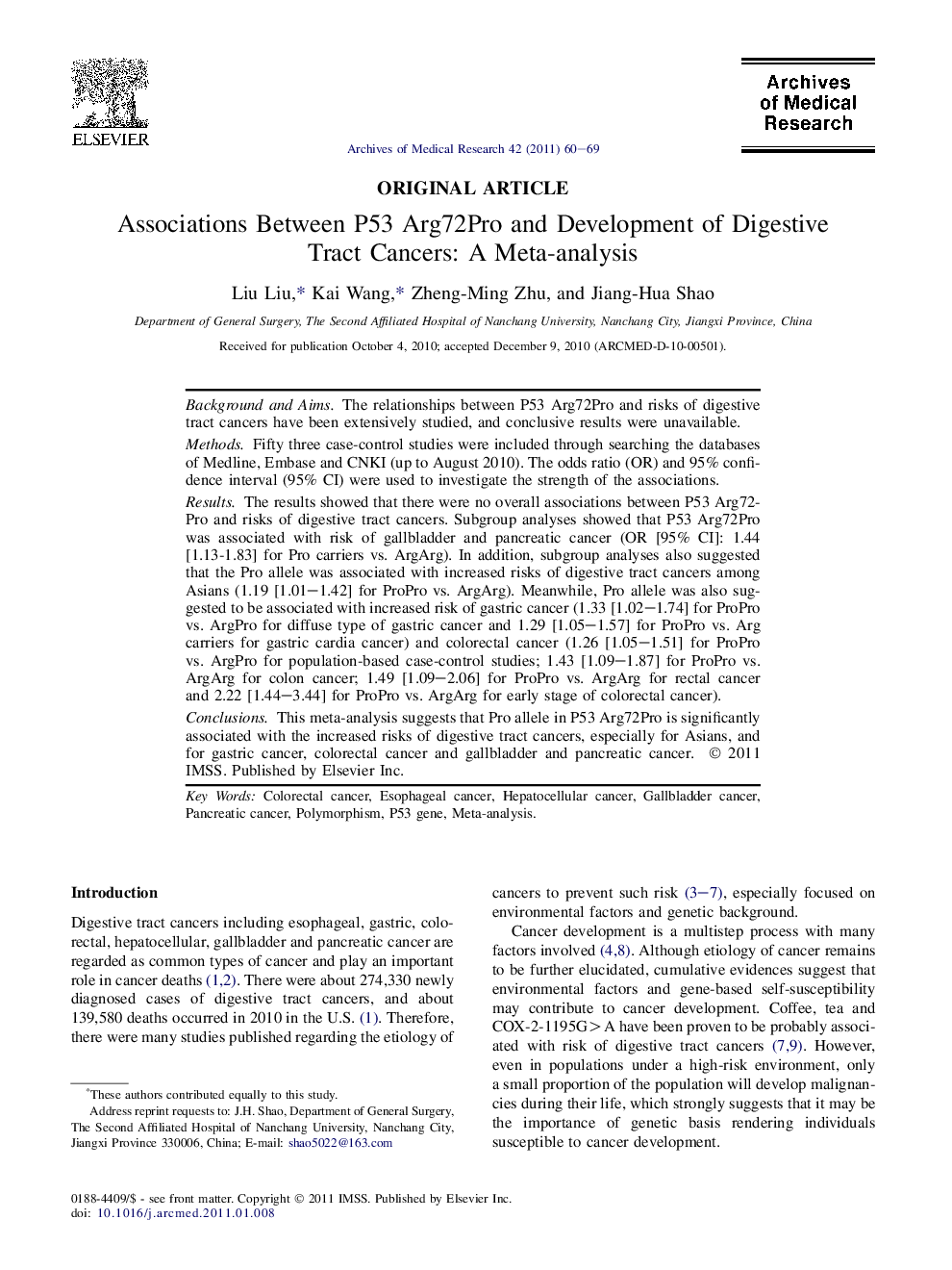 Associations Between P53 Arg72Pro and Development of Digestive Tract Cancers: A Meta-analysis