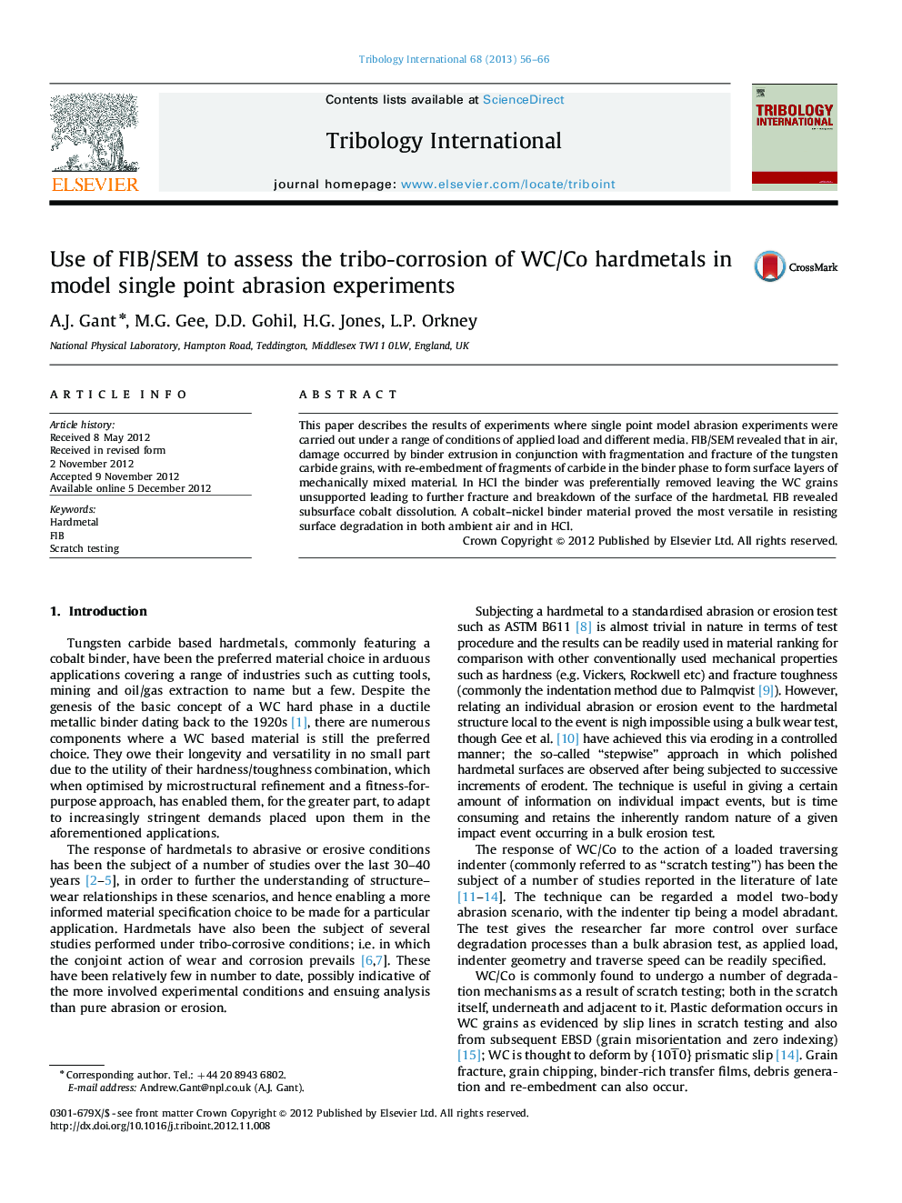 Use of FIB/SEM to assess the tribo-corrosion of WC/Co hardmetals in model single point abrasion experiments