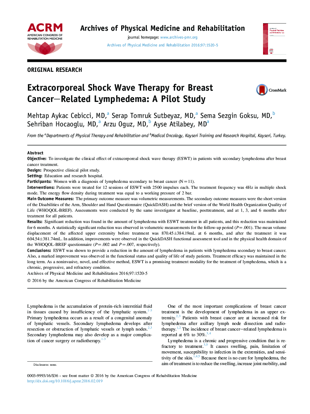 Extracorporeal Shock Wave Therapy for Breast Cancer-Related Lymphedema: A Pilot Study