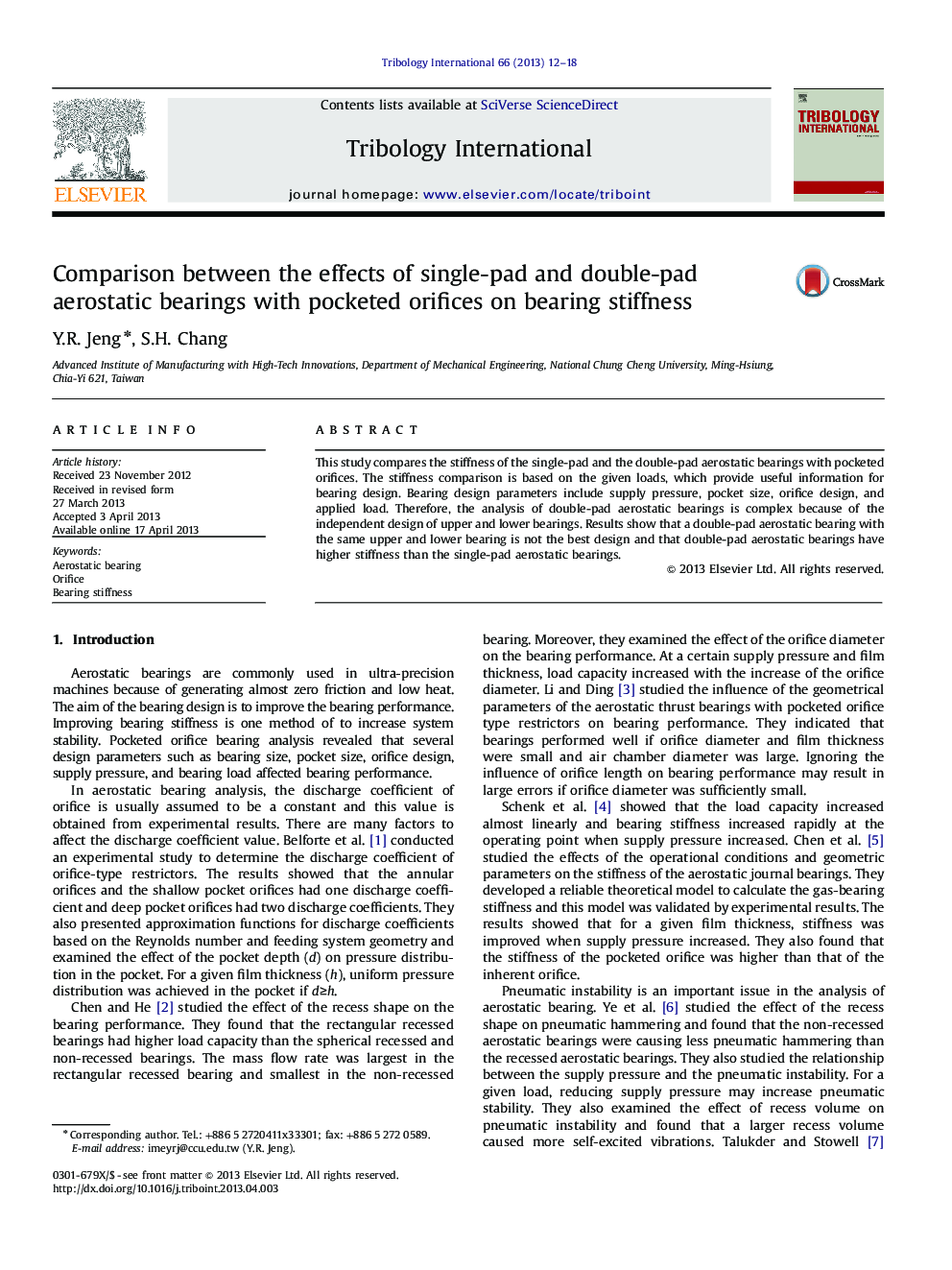 Comparison between the effects of single-pad and double-pad aerostatic bearings with pocketed orifices on bearing stiffness