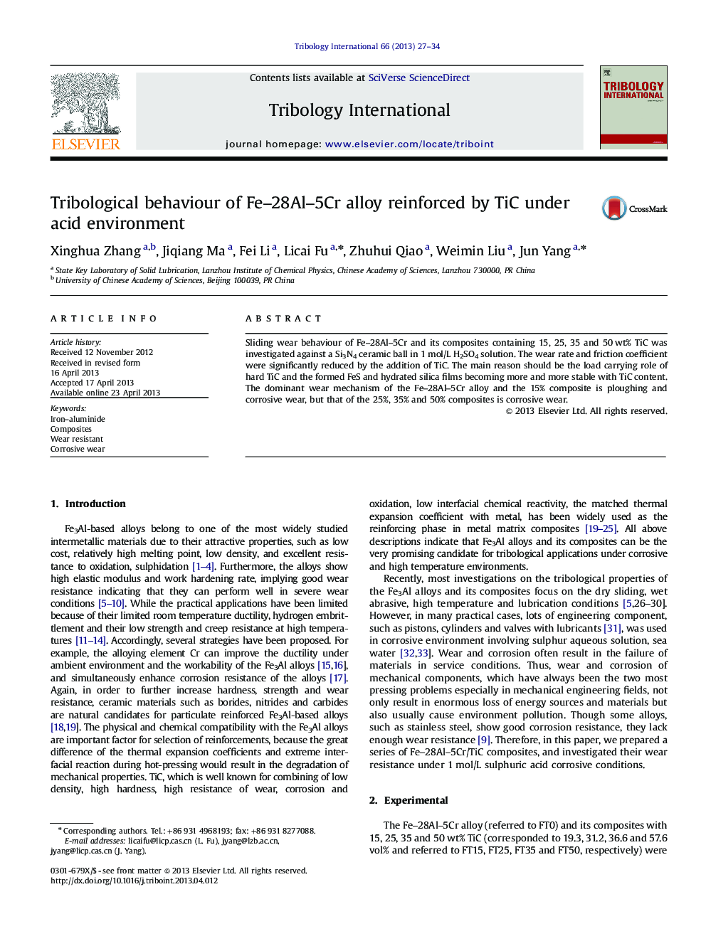 Tribological behaviour of Fe–28Al–5Cr alloy reinforced by TiC under acid environment