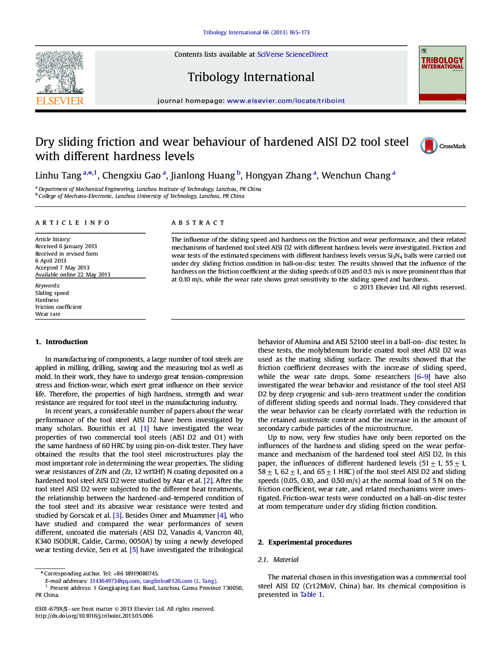 Dry sliding friction and wear behaviour of hardened AISI D2 tool steel with different hardness levels