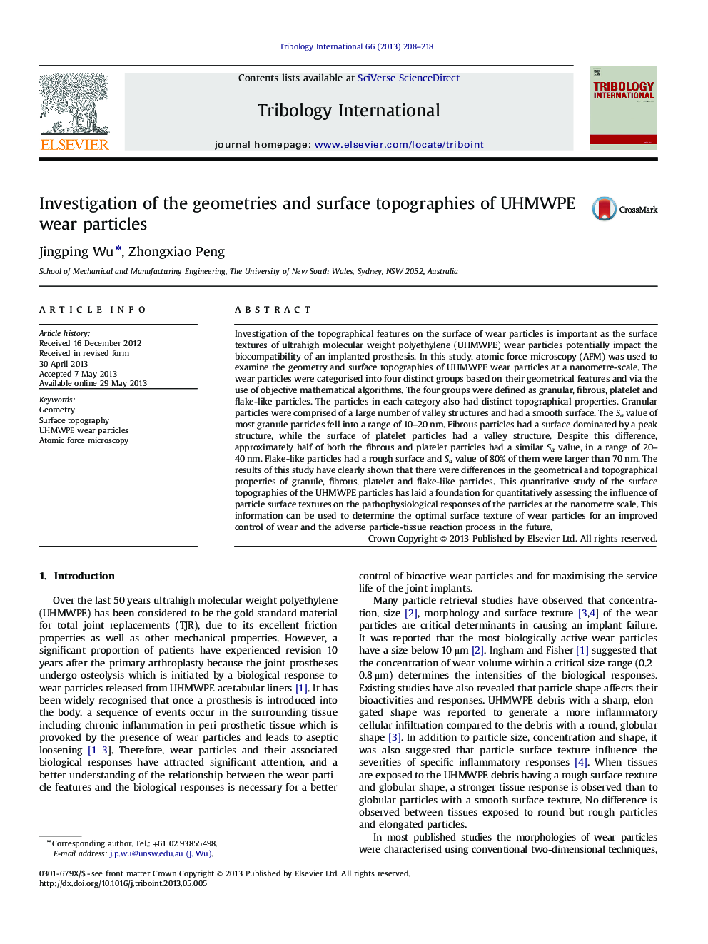 Investigation of the geometries and surface topographies of UHMWPE wear particles