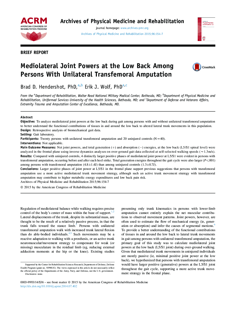 Mediolateral Joint Powers at the Low Back Among Persons With Unilateral Transfemoral Amputation