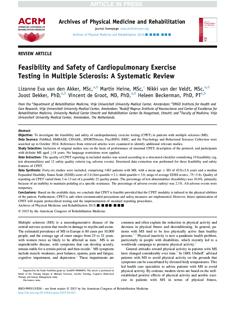 Feasibility and Safety of Cardiopulmonary Exercise Testing in Multiple Sclerosis: A Systematic Review