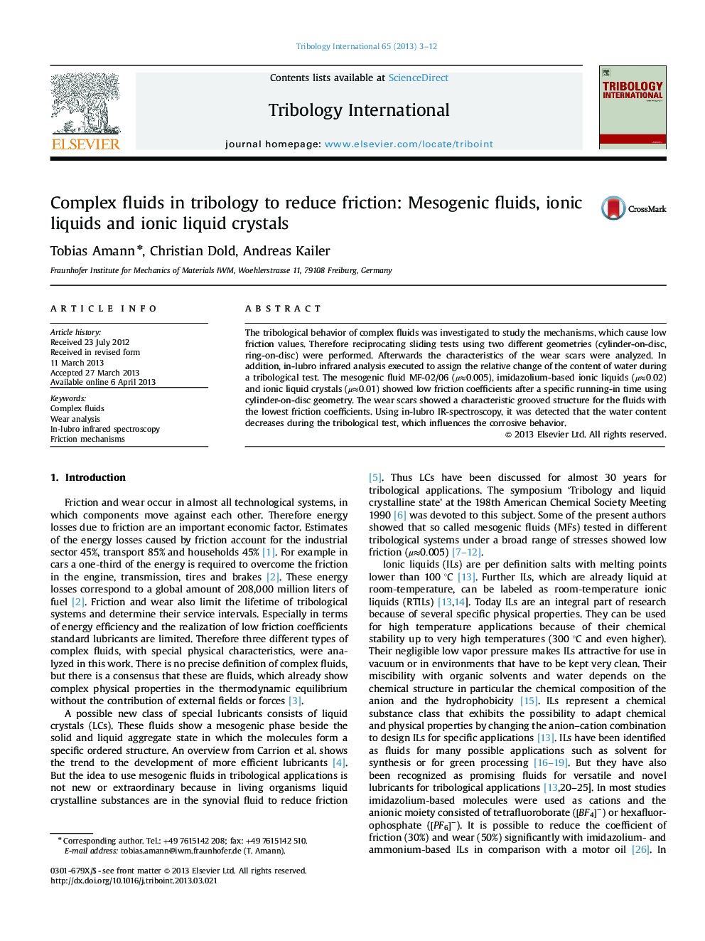عکس صفحه اول مقاله: Complex fluids in tribology to reduce friction: Mesogenic fluids, ionic liquids and ionic liquid crystals Complex fluids in tribology to reduce friction: Mesogenic fluids, ionic liquids and ionic liquid crystals