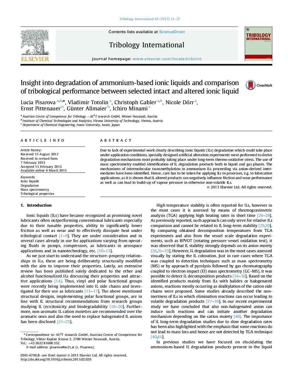 Insight into degradation of ammonium-based ionic liquids and comparison of tribological performance between selected intact and altered ionic liquid