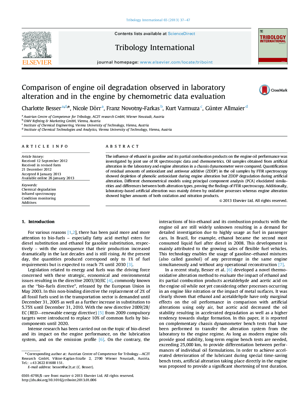 Comparison of engine oil degradation observed in laboratory alteration and in the engine by chemometric data evaluation