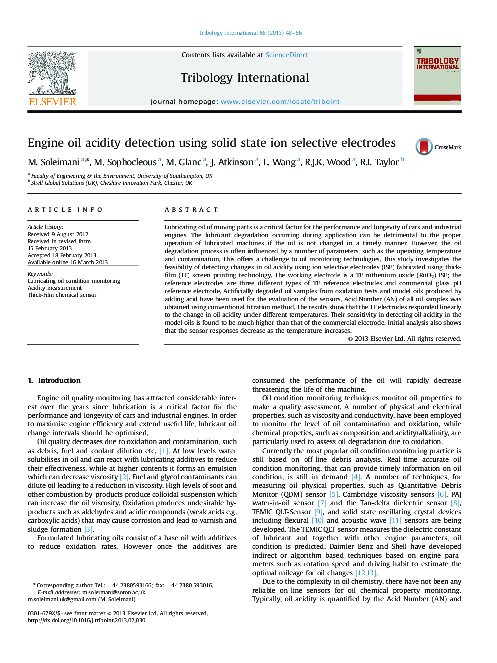 Engine oil acidity detection using solid state ion selective electrodes