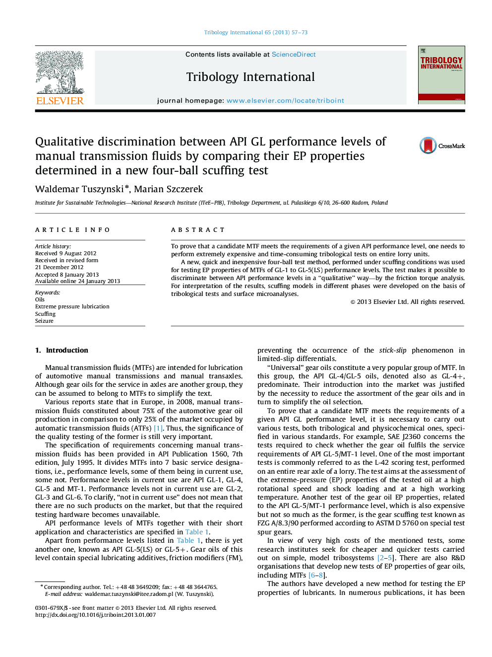 Qualitative discrimination between API GL performance levels of manual transmission fluids by comparing their EP properties determined in a new four-ball scuffing test