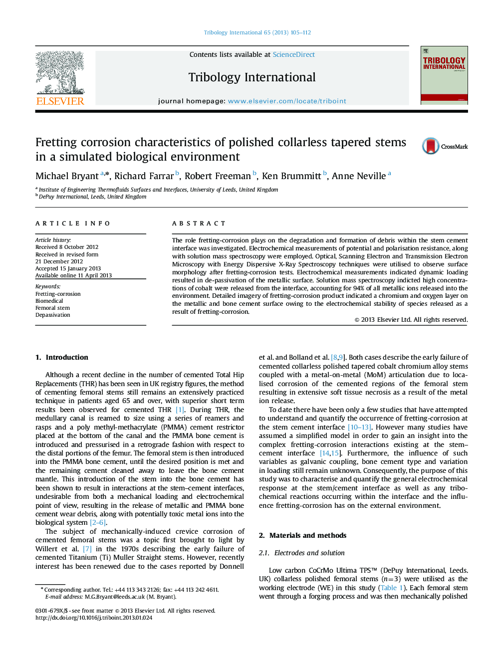 Fretting corrosion characteristics of polished collarless tapered stems in a simulated biological environment