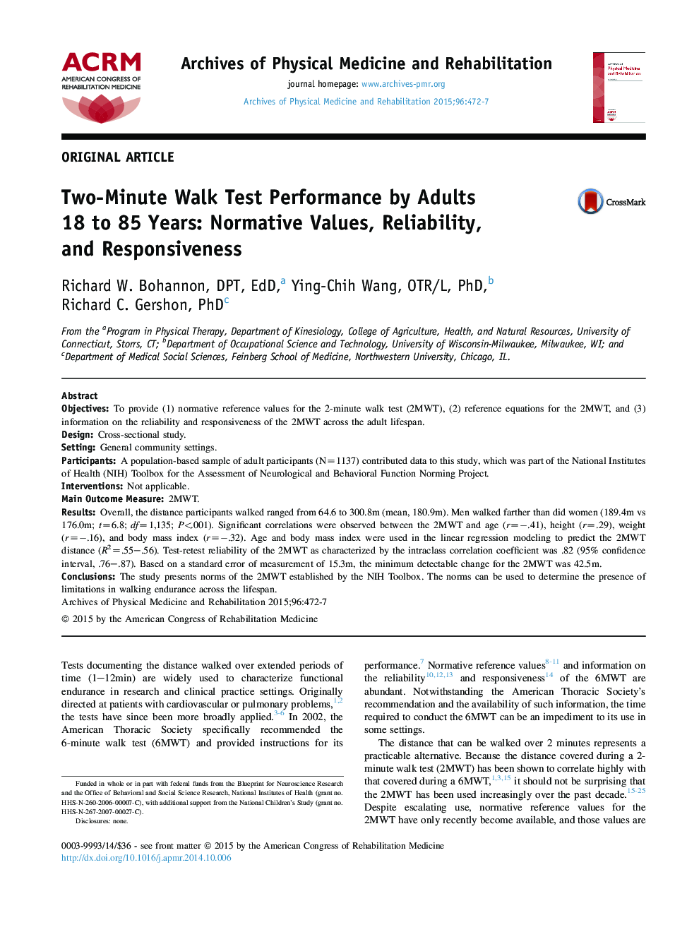 Two-Minute Walk Test Performance by Adults 18 to 85 Years: Normative Values, Reliability, andÂ Responsiveness