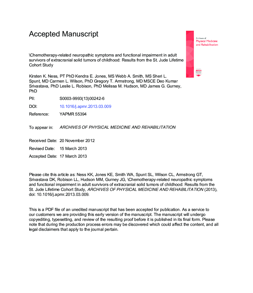 Chemotherapy-Related Neuropathic Symptoms and FunctionalÂ Impairment in Adult Survivors of Extracranial Solid Tumors of Childhood: Results From the St. Jude Lifetime Cohort Study