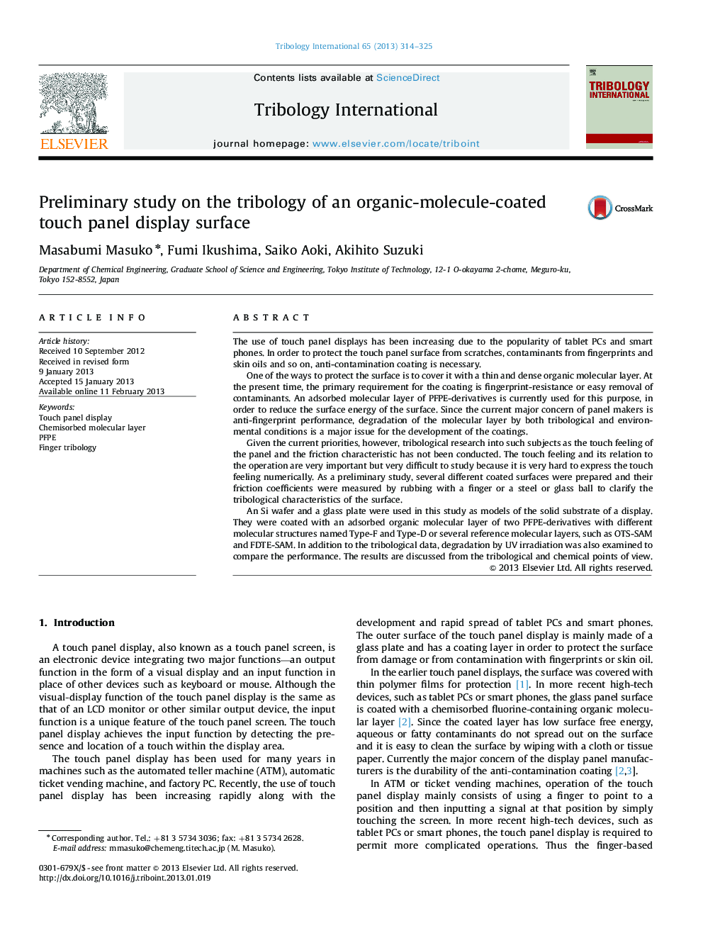 Preliminary study on the tribology of an organic-molecule-coated touch panel display surface