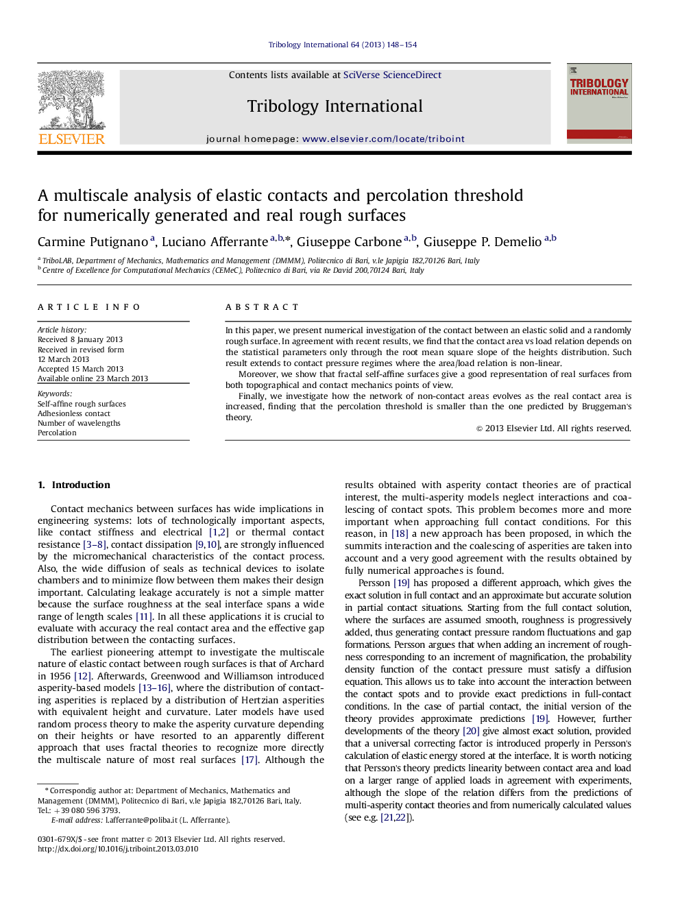 عکس صفحه اول مقاله: A multiscale analysis of elastic contacts and percolation threshold for numerically generated and real rough surfaces A multiscale analysis of elastic contacts and percolation threshold for numerically generated and real rough surfaces