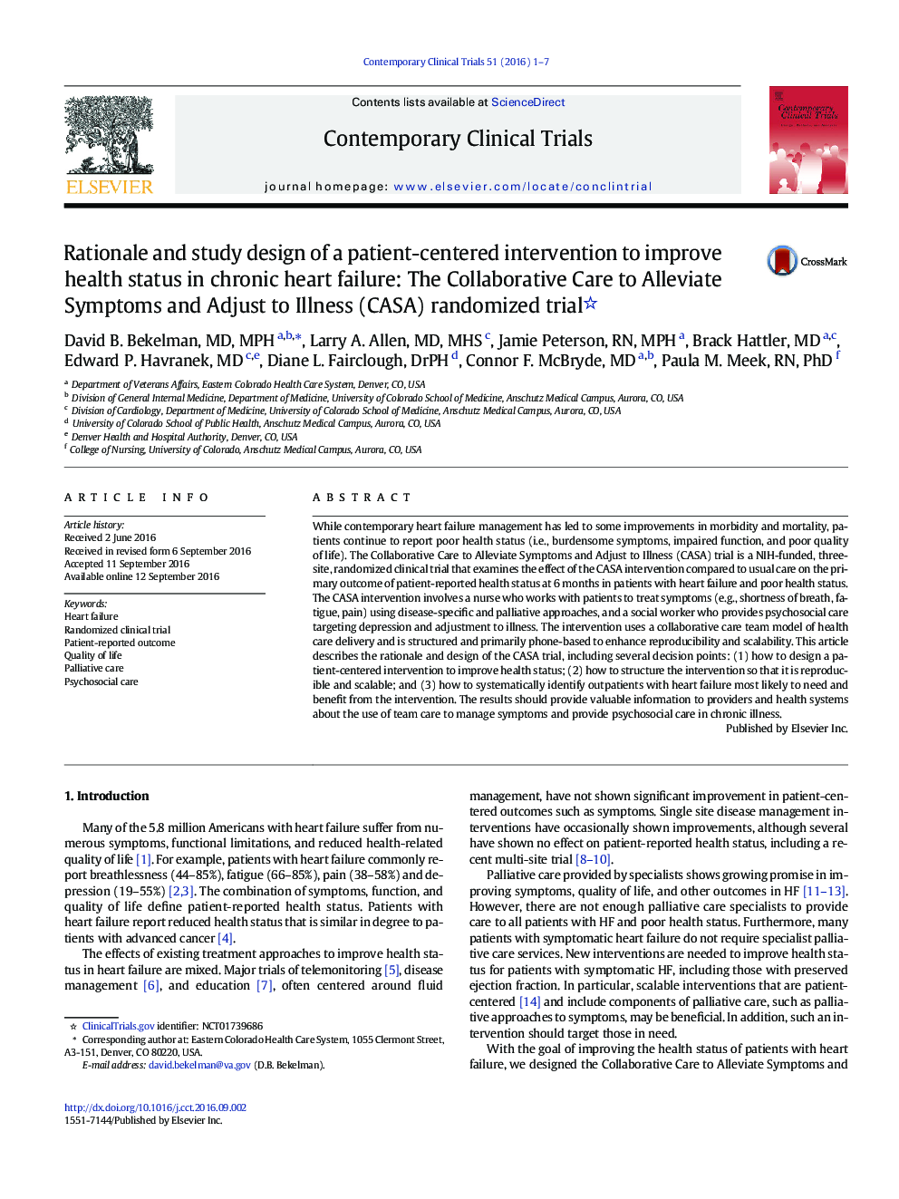 Rationale and study design of a patient-centered intervention to improve health status in chronic heart failure: The Collaborative Care to Alleviate Symptoms and Adjust to Illness (CASA) randomized trial