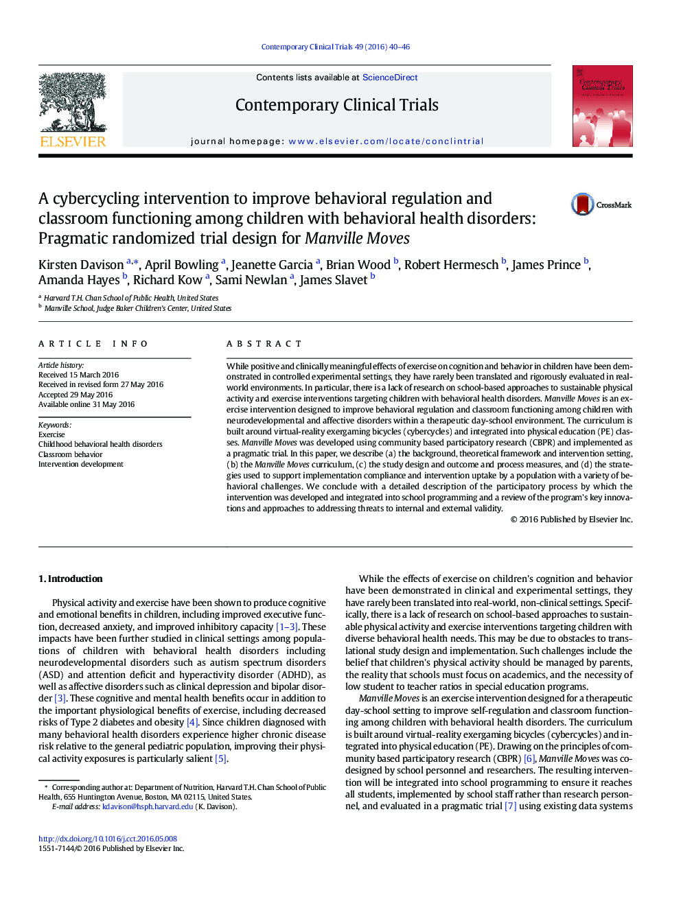 A cybercycling intervention to improve behavioral regulation and classroom functioning among children with behavioral health disorders: Pragmatic randomized trial design for Manville Moves