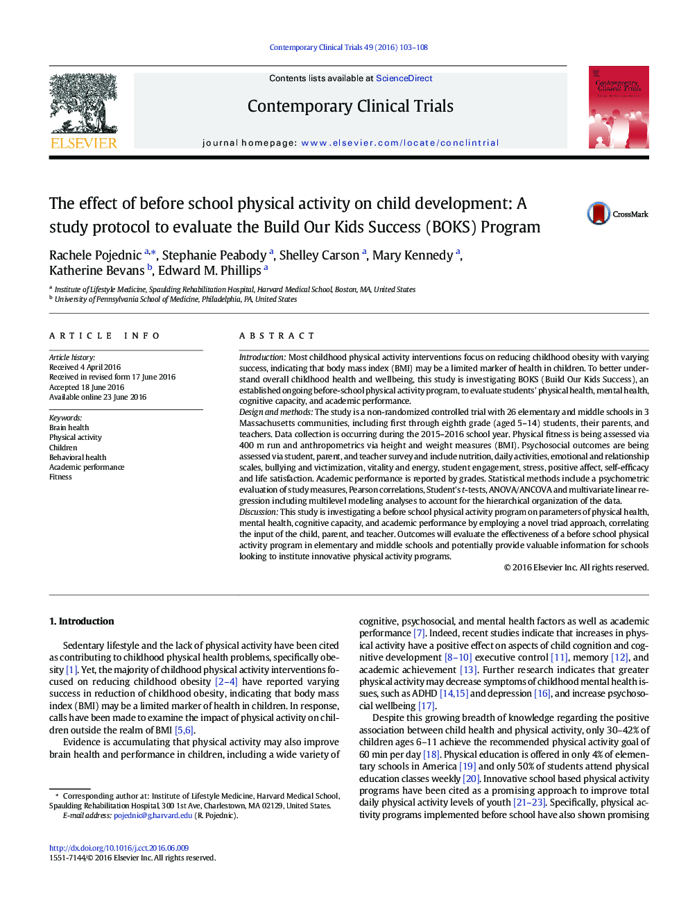 The effect of before school physical activity on child development: A study protocol to evaluate the Build Our Kids Success (BOKS) Program