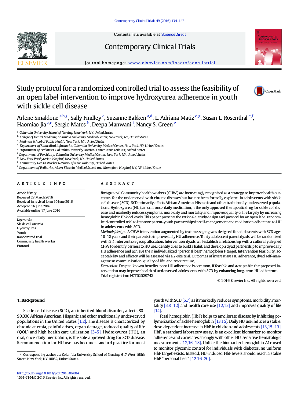 Study protocol for a randomized controlled trial to assess the feasibility of an open label intervention to improve hydroxyurea adherence in youth with sickle cell disease