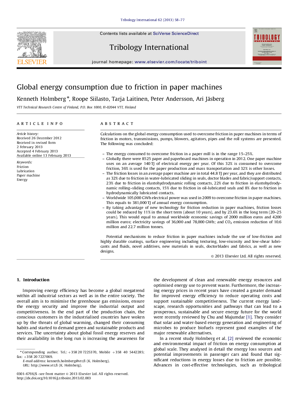 Global energy consumption due to friction in paper machines