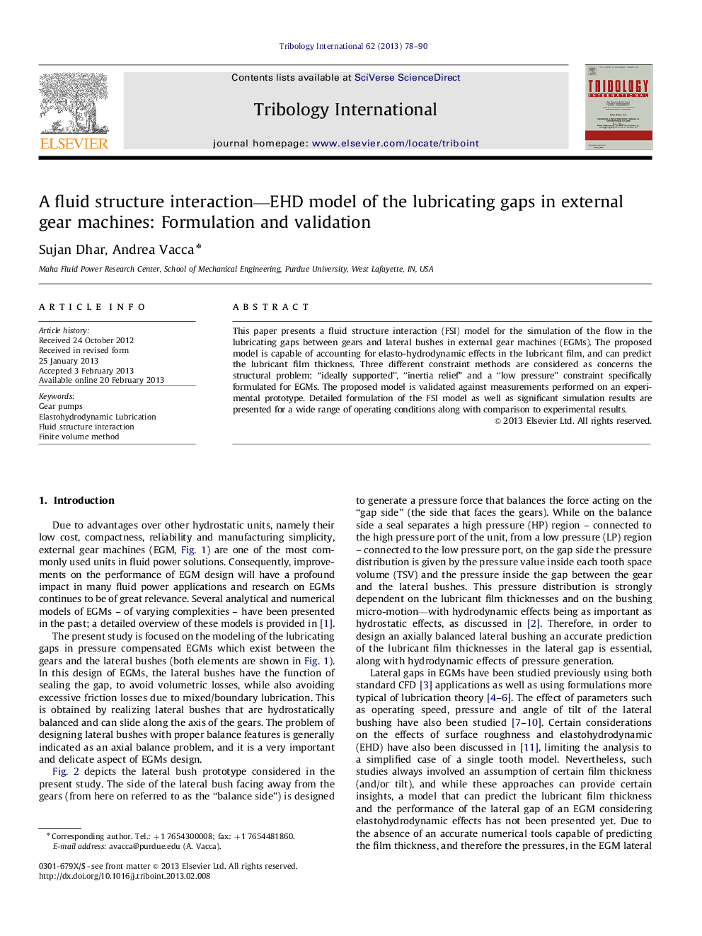 A fluid structure interaction—EHD model of the lubricating gaps in external gear machines: Formulation and validation