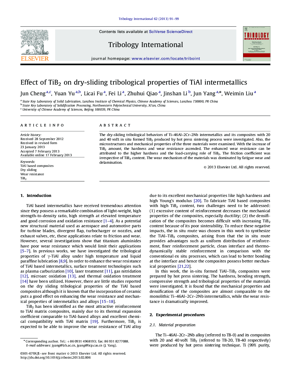 Effect of TiB2 on dry-sliding tribological properties of TiAl intermetallics