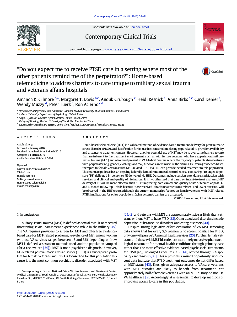 “Do you expect me to receive PTSD care in a setting where most of the other patients remind me of the perpetrator?”: Home-based telemedicine to address barriers to care unique to military sexual trauma and veterans affairs hospitals