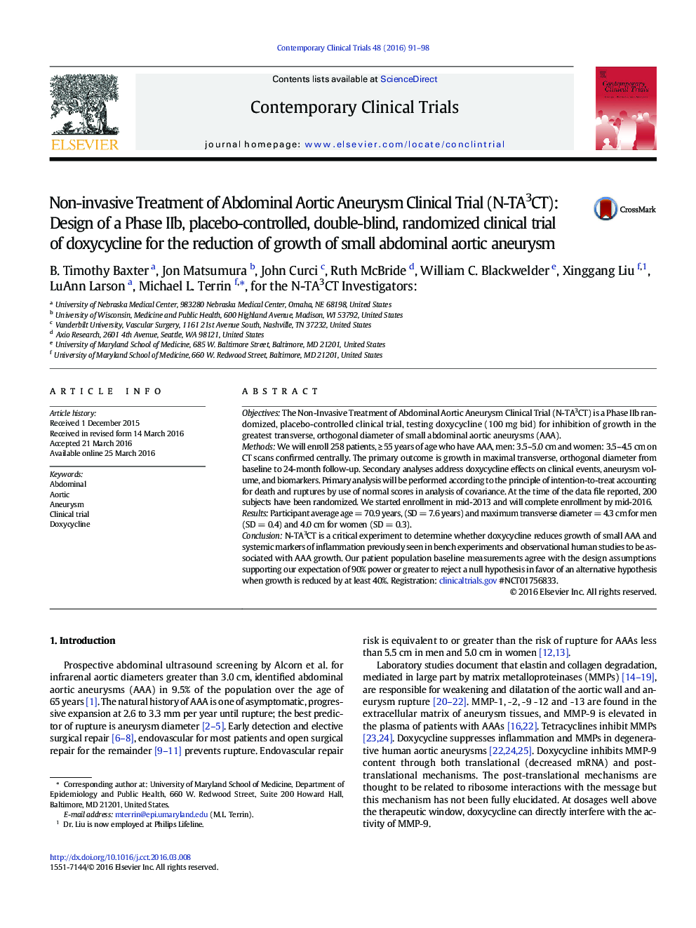 Non-invasive Treatment of Abdominal Aortic Aneurysm Clinical Trial (N-TA3CT): Design of a Phase IIb, placebo-controlled, double-blind, randomized clinical trial of doxycycline for the reduction of growth of small abdominal aortic aneurysm