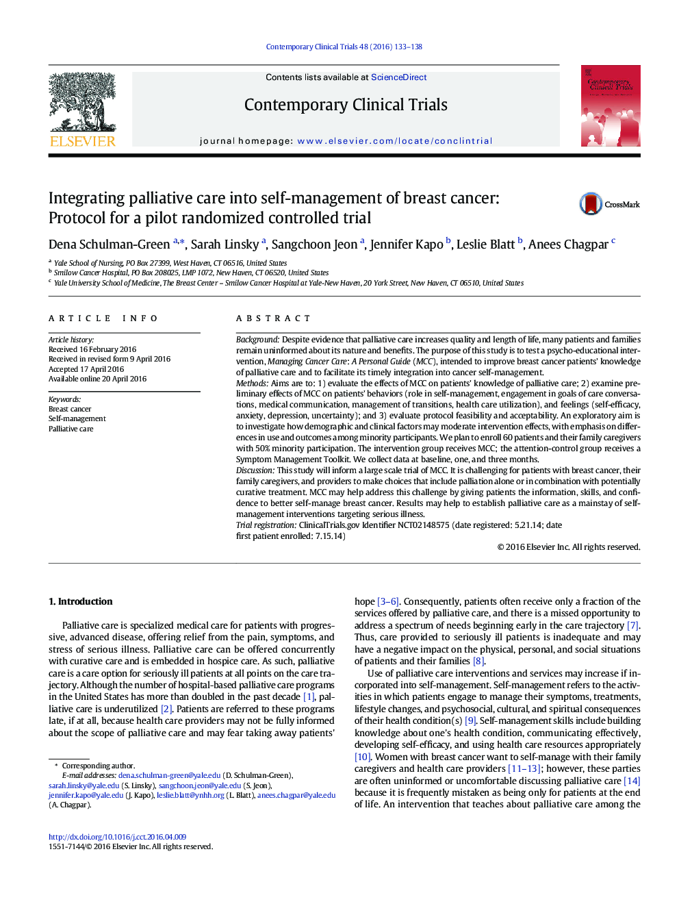 Integrating palliative care into self-management of breast cancer: Protocol for a pilot randomized controlled trial