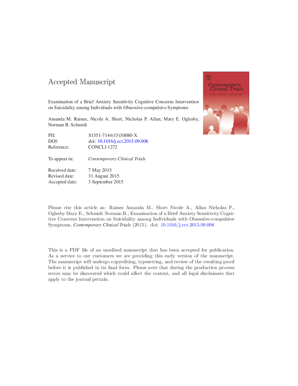 Examination of a brief anxiety sensitivity cognitive concerns intervention on suicidality among individuals with obsessive-compulsive symptoms