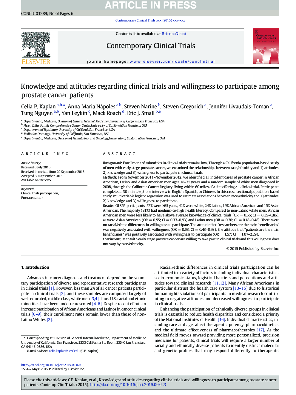 Knowledge and attitudes regarding clinical trials and willingness to participate among prostate cancer patients