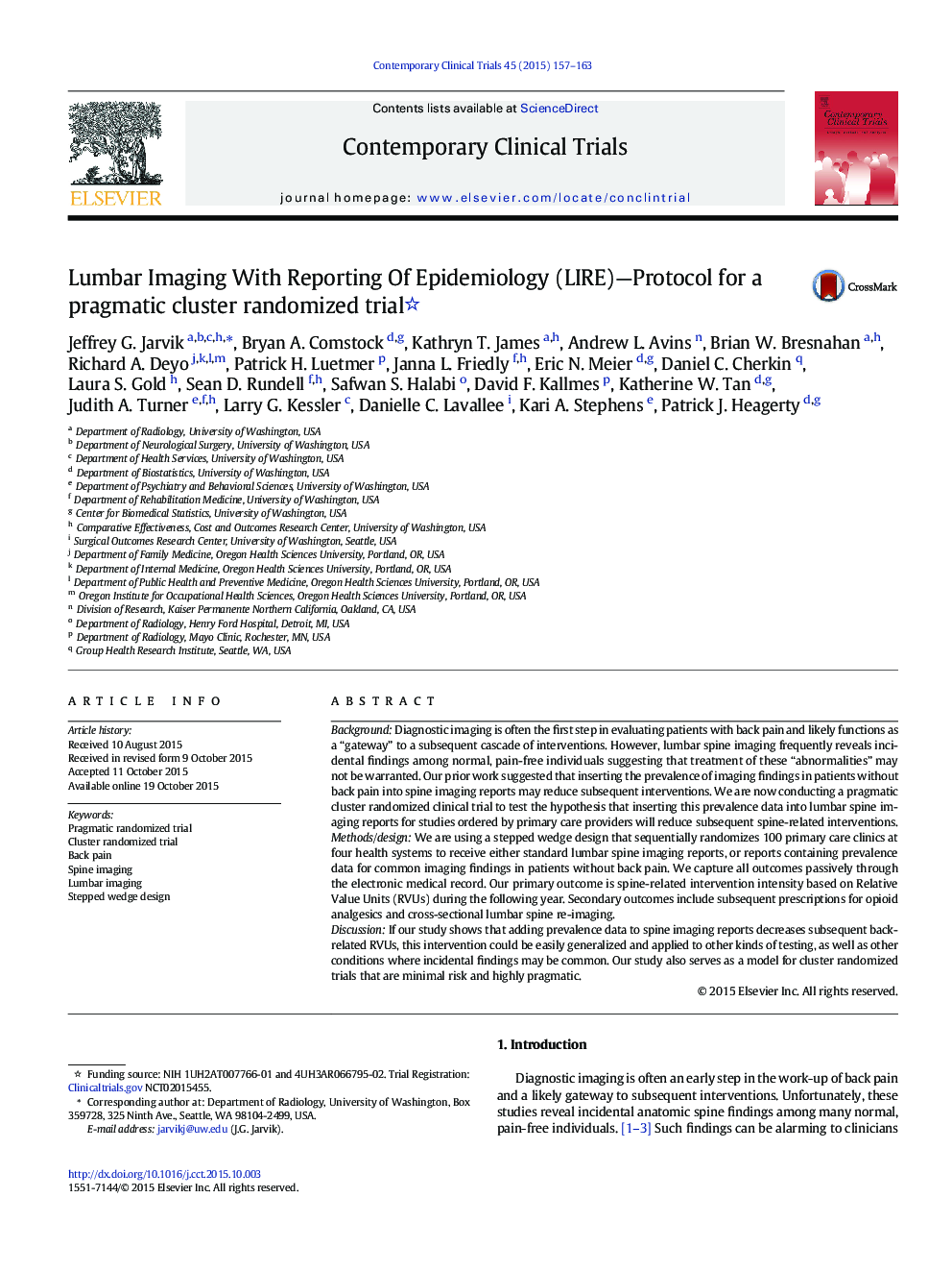 Lumbar Imaging With Reporting Of Epidemiology (LIRE)-Protocol for a pragmatic cluster randomized trial