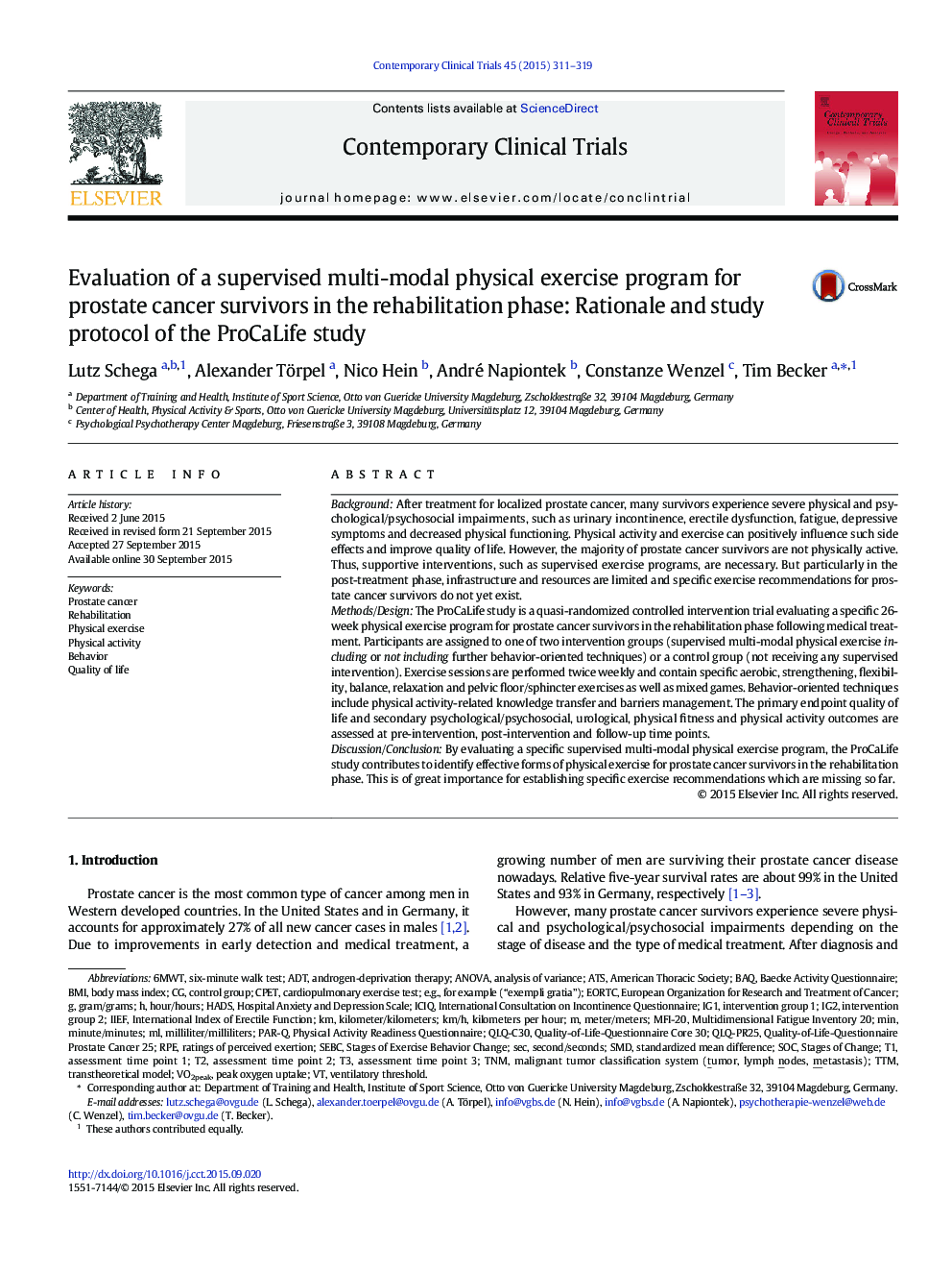 Evaluation of a supervised multi-modal physical exercise program for prostate cancer survivors in the rehabilitation phase: Rationale and study protocol of the ProCaLife study